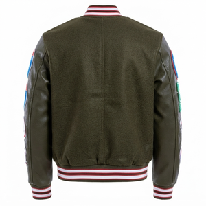 Blouson universitaire vert olive tendance, personnalisé, style Letterman, bomber de baseball, streetwear homme, vintage, avec patch brodé et devant en chenille - Product Image 2