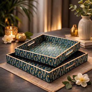 Wooden Serving <b>Tray</b> Set of 2 with Handles Square Decorative <b>Tray</b> Waterproof Tea Coffee <b>Snack</b> <b>Tray</b> Available for Restaurant Usage - Product Image 1