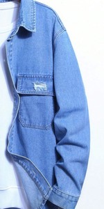 Veste en jean pour homme, classique, boutonnée, bleu uni, coton, décontractée, poches déchirées - Product Image 5