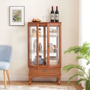 Vitrina de curiosidades de vino de roble iluminada con estantes de vidrio ajustables y un cajón para decoración del hogar, Bombilla de almacenamiento incluida - Product Image 2