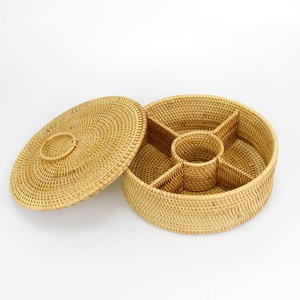 Tea accessories handmade <b>round</b> caddy <b>box</b> top quality natural rattan storage boxes with lids - Product Image 1