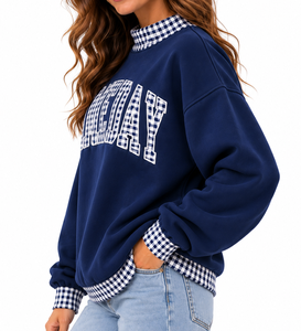 Sudadera Oversize de Cuello Alto para Mujer, 100% Algodón, con Estampado de Guingán Personalizado y Hombros Caídos, Ropa al por Mayor - Product Image 2