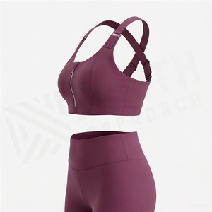 Conjunto de yoga de 2 piezas para mujer, cintura alta, tirantes cruzados, sujetador deportivo con cremallera frontal - Product Image 3