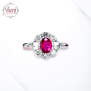 [Sheri Jewels] Bague classique de soirée en or blanc massif 18 carats avec rubis ovale naturel et diamants couleur F-G clarté VS2-SI1 - Product Image 1