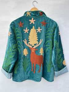 Veste courte bohème faite main en velours bleu sarcelle avec broderie animale et florale tropicale, artisanat indien, cadeau pour elle - Product Image 4