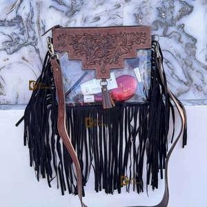 Nouvelle arrivée léger Western Fringe Transparent clair fermeture éclair élégant usiné à la main sculpture sac à main en cuir multi-usage sac pour femmes - Product Image 1