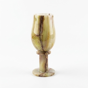 Verre à vin en cristal fait main vintage, gobelet transparent vert marbré brun, pied rond naturel - Product Image 1
