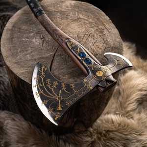 Double Blade Tactical Axe Forged Steel Head Wood Handle Decorative <b>Engraved</b> Design Broad Axe Tree Felling <b>Tool</b> - Product Image 4
