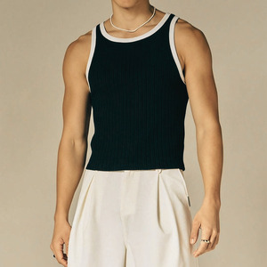 2026 New Arrival <b>Men's</b> Black Ribbed Knit Tank Top With <b>White</b> Trim Casual Sleeveless <b>Vest</b> O-Neck Solid Color Breathable Fit <b>Vest</b> - Product Image 4