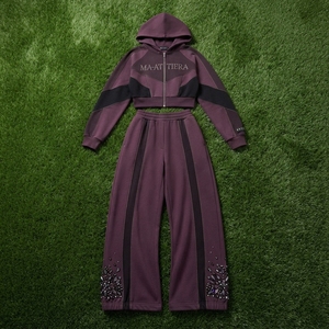 <b>Women</b> Two Piece Zip Up Hooded Tracksuit Set Color Block Crop Hoodie Wide Leg <b>Jogger</b> Pants Rhinestone Detail - Product Image 6