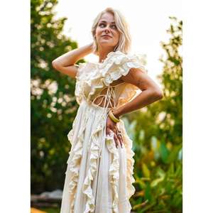 Robe longue blanche à volants pour femme, style bohème, manches longues, col en V profond, taille naturelle, lavable, pour l'été, la plage, les mariages et les fêtes - Product Image 2