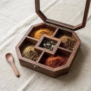 Natural Wooden Spice <b>Box</b> Multipurpose Wooden Spice Storage <b>Box</b> with Sectioned Interior for Masala <b>Herbs</b> Seasonings Kitchen spice - Product Image 1