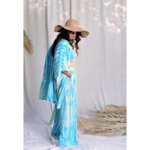 Kimono Elegante para Mujer con Estampado Tie Dye Azul y Blanco, con Frente Abierto, Pantalones Anchos Cómodos con Cintura Elástica, 100% Algodón - Product Image 3