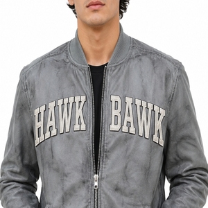 Chaqueta Bomber de Cuero Premium para Hombre, Color Gris Lavado, con Estampado de Letras, Cierre de Cremallera Frontal, Estilo Casual, para Otoño, Calidad de Exportación - Product Image 4