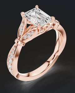 Anillo de Compromiso de Oro Rosa con Diamante Corte Esmeralda, Halo y Engaste de Garras, Anillo Nupcial de Lujo con Banda Pavé, Joyería de Boda Elegante y Atemporal - Product Image 1