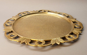 Antique Gold Brass Decorative <b>Round</b> <b>Tray</b> with Ornate Filigree Border Hammered Metal Platter for Luxury Home Decor Tabletop - Product Image 6
