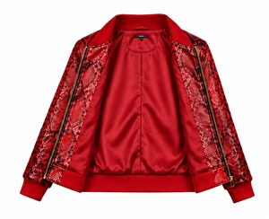 Blouson bomber en similicuir rouge pour femme, imprimé animal, fermeture éclair, coupe courte - Product Image 5