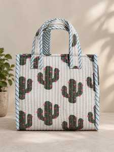 Bolso Tote de Algodón Acolchado con Estampado de Cactus de Veer Handicrafts, Asas a Rayas, Cierre de Cremallera, Bolso de Compras de Moda para Mujer, para Playa y Viajes - Product Image 3
