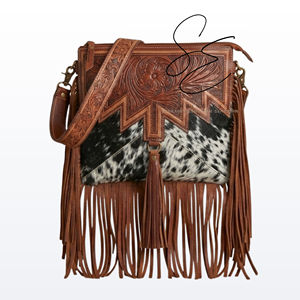 Sac bandoulière artisanal en cuir de vachette à franges, sac à bandoulière en cuir repoussé style western, sac à main bohème en cuir de vache à poils pour femme - Product Image 2