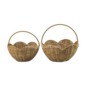 Scalloped Wicker Storage Baskets Set Of 2 Round Handcrafted <b>Rustic</b> Organizer For Living Room Neatening - Product Image 6