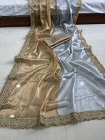 Sari en organza de viscose gris glace beige doré avec bordure en dentelle fantaisie unie, tenue de soirée traditionnelle élégante pour femmes