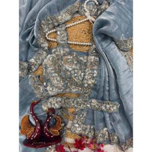 Sari de Noche de Diseñador para Fiestas con Borde de Encaje, Cordón y Bordado con Lentejuelas - Product Image 2