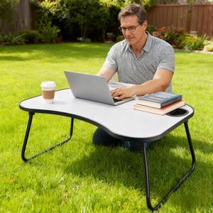 Scrivania Pieghevole Moderna Grigio-Bianca per Laptop 26,5 x 18,5 Pollici, Struttura in Legno e Metallo, Portatile con Portabicchieri - Product Image 3