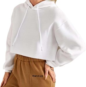 Sudadera con Capucha Corta Blanca con Cordón, Manga Regular, Color Sólido, Estilo Casual para Otoño, para Mujer - Product Image 4