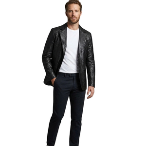 Chaqueta de Cuero para Hombre, Estilo Blazer, de Cuero de Avestruz Negro, con un Solo Botón, Cuello Camisero, Forro de Satén - Product Image 4