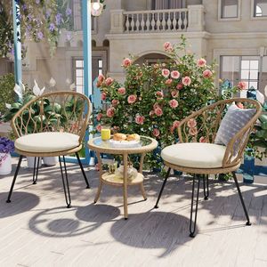 Set da Esterno U_STYLE in 2 Pezzi, Sedie Singole in Rattan con Tavolo Rotondo in Vetro per Terrazze, Balconi o Cortili - Product Image 2