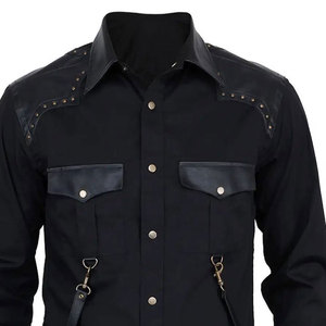 Black Gothic Long Sleeve <b>Shirt</b> Faux Leather <b>Patchwork</b> Button Down Punk Studded <b>Shirt</b> with D-Ring Hardware & Pockets - Product Image 5