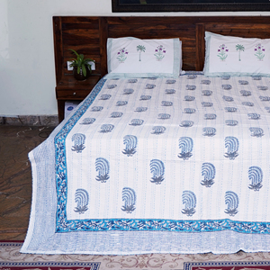 Handmade Organic Kantha Quilt Cotton <b>Bedspread</b> Reversible Lightweight Washable All Season Printed Floral Blue White for Beach - Product Image 6