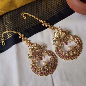 Vintage Brass Chandelier Drop Earrings with Pearl Diamond and Zircon - Product Image 1