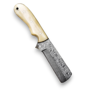 Cuchillo de caza UA Supplies de acero de Damasco con espiga recta, mango de hueso de camello y patrón de gota de lluvia, estilo vaquero occidental para camping - Product Image 1