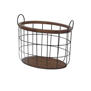 Wooden And Metal <b>Wire</b> <b>Basket</b> Multi-Purpose Round Kitchenware Tabletop Fruit & Vegetables Storage <b>Basket</b> With Handles - Product Image 1