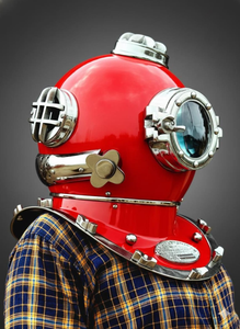 Réplica de Casco de Buceo Metálico Rojo con Base de Madera, Casco de Buceo Profundo, Decoración Náutica Marítima, Artículo Coleccionable - Product Image 6