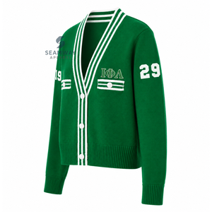 Cardigan en tricot pour femmes Iota Phi Lambda Sorority, col en V, boutons sur le devant, bordure côtelée rayée, broderie, style preppy - Product Image 2
