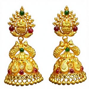 Boucles d'oreilles Jhumka traditionnelles en or massif 22 carats, motif paon Lakshmi, bijoux de temple authentiques, boucles d'oreilles indiennes de mariée pour femmes. - Product Image 3