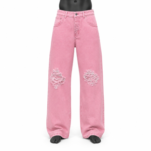 Pantalones Vaqueros Anchos Desgastados Rosa para Hombre, Estilo Baggy, Rotos, de Mezclilla, Casuales, de Algodón 100% de Alto Gramaje - Product Image 1