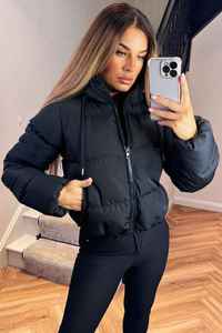 Women's Black Quilted Hooded Jacket Full Sleeve Zipper Closure Solid Color <b>Winter</b> Wear <b>Thick</b> Polyester Padded <b>Coat</b> - Product Image 5