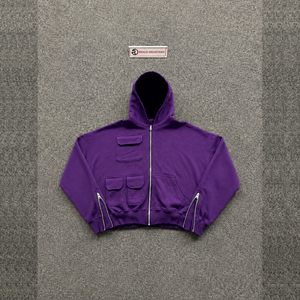 Sudadera con capucha morada extragrande al por mayor, estilo urbano con cremallera frontal y bolsillos, diseño transpirable de felpa francesa, ideal para otoño. - Product Image 5