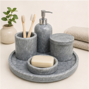 Ensemble d'accessoires de salle de bain en marbre gris naturel, 5 pièces, organisateur de vanité en pierre artisanal avec pompe en acier inoxydable pour hôtel - Product Image 2