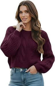 Women's Cropped <b>Cable</b> Knit Sweater, Soft and Warm Long Sleeve Pullover, Casual Knit Top for Fall Winter - Product Image 3