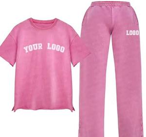Custom Women's Pink Fleece Hooded Sweatshirt <b>Set</b> With Logo Print Loose Fit Casual Sportswear Jogging Suit Full Length Two Piece - Product Image 2