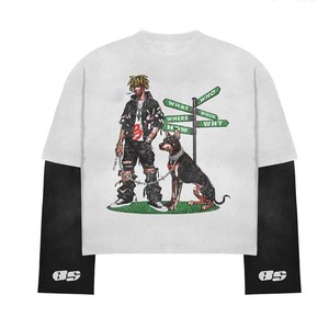 100% cotton T-shirt for men loose fit printed Mens double layer boxy <b>tshirt</b> 240GSM cotton blend white black sleeve graphic print - Product Image 1