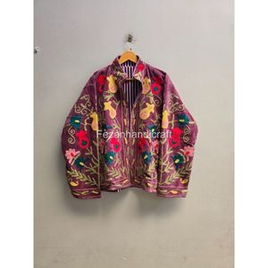 Veste en velours brodée pour femmes, broderie ouzbèke, manches longues, col mandarin, tenue d'automne, motif floral violet - Product Image 1