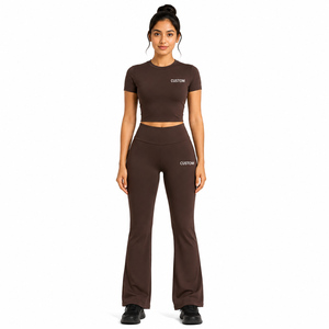 Conjunto de Yoga para Mujer con Logotipo Personalizado, Top Corto de Manga Corta con Cuello Redondo y Leggings Acampanados, 2 Piezas, Ropa Deportiva, Cintura Alta, Fabricante de Conjuntos para Gimnasio - Product Image 1