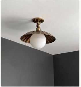 Luminaire suspendu encastré LED moderne en laiton fait main, finition patine antique |   Luminaire globe en verre opale de style Mid-Century - Product Image 2