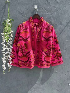 Chaqueta de Invierno de Manga Larga para Mujer, Hecha a Mano, Color Rosa Rani, Mezcla de Algodón Premium, Estilo Bohemio, Estética Gitana - Product Image 1