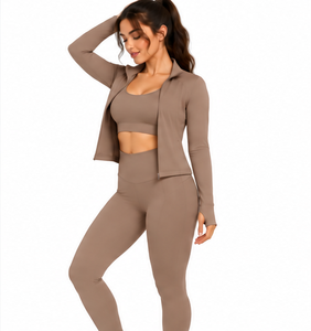 Custom Women 3 Piece Yoga Set Wholesale Fitness Gym Workout <b>Leggings</b> <b>Crop</b> Top Jacket Quick Dry Breathable Stretch Activewear - Product Image 2